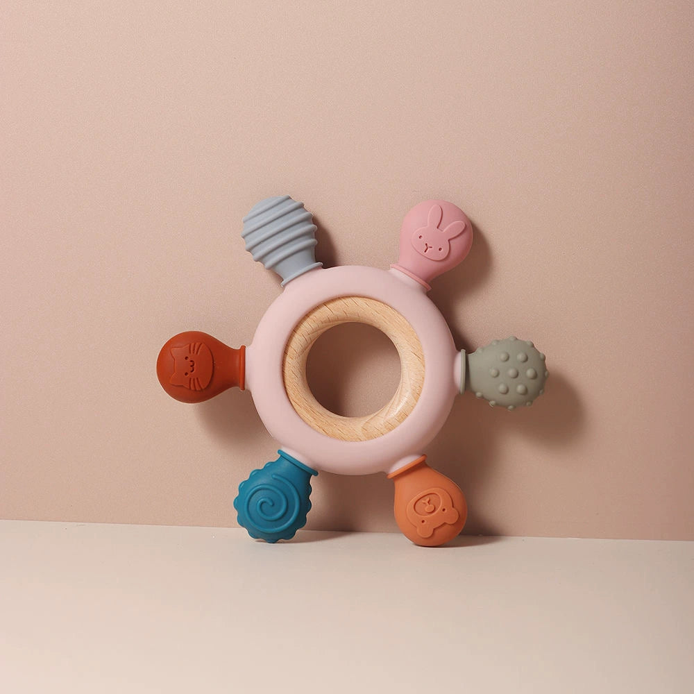 Baby Silicone Beech Teether Baby's Holding Ball Rattle Prevent Hand Sucking Grip Training Happy Bite Molar Rod