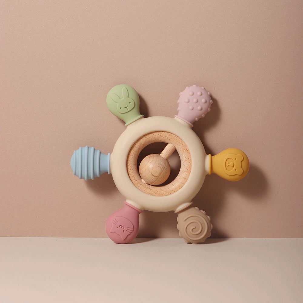 Baby Silicone Beech Teether Baby's Holding Ball Rattle Prevent Hand Sucking Grip Training Happy Bite Molar Rod
