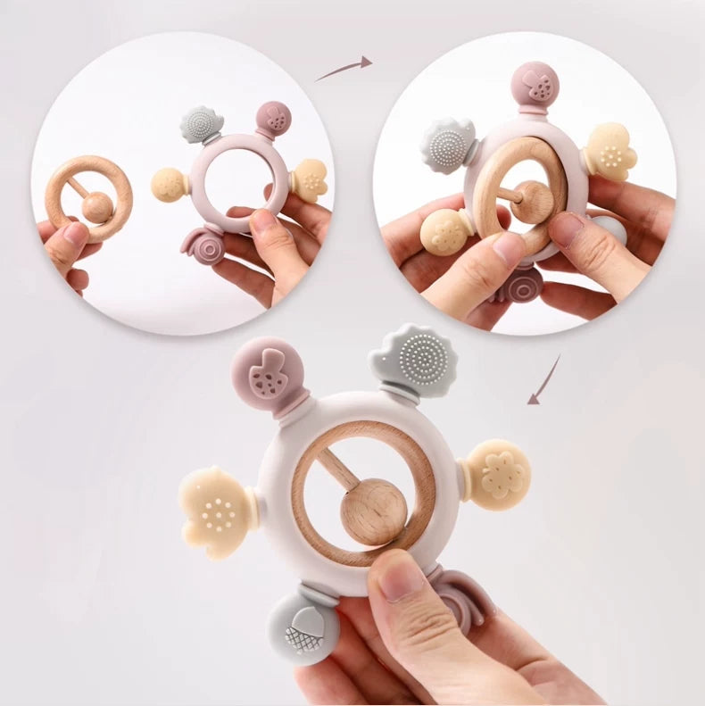 Baby Silicone Beech Teether Baby's Holding Ball Rattle Prevent Hand Sucking Grip Training Happy Bite Molar Rod