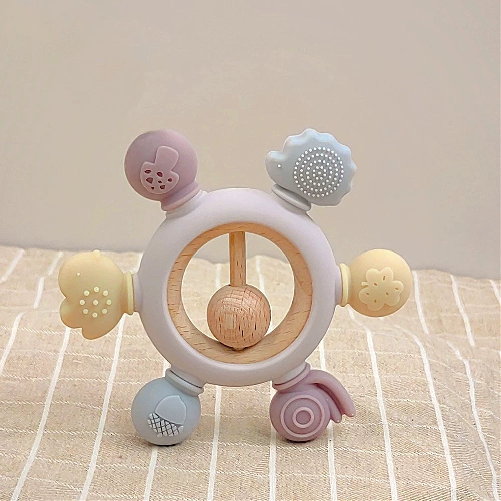 Baby Silicone Beech Teether Baby's Holding Ball Rattle Prevent Hand Sucking Grip Training Happy Bite Molar Rod