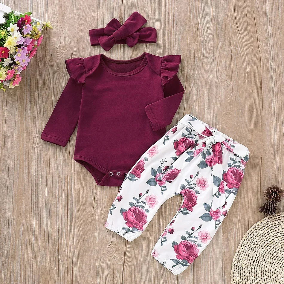 Newborn Baby Girls Clothes Set Pink Toddler Ruffle Tops Heart Print Bow Trousers Princess Casual Infant Outfits Clothes Suit