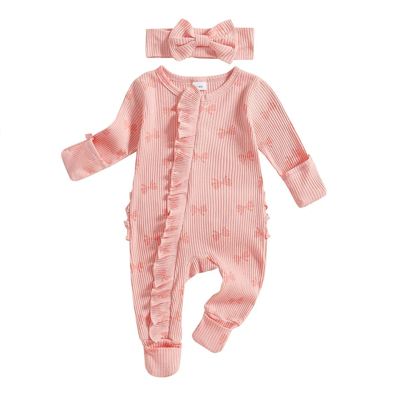 FOCUSNORM Newborn Baby Girls Boys Fall Footies Romper Sets Ruffle Long Sleeve Bow/Flowers Print Jumpsuit with Headband