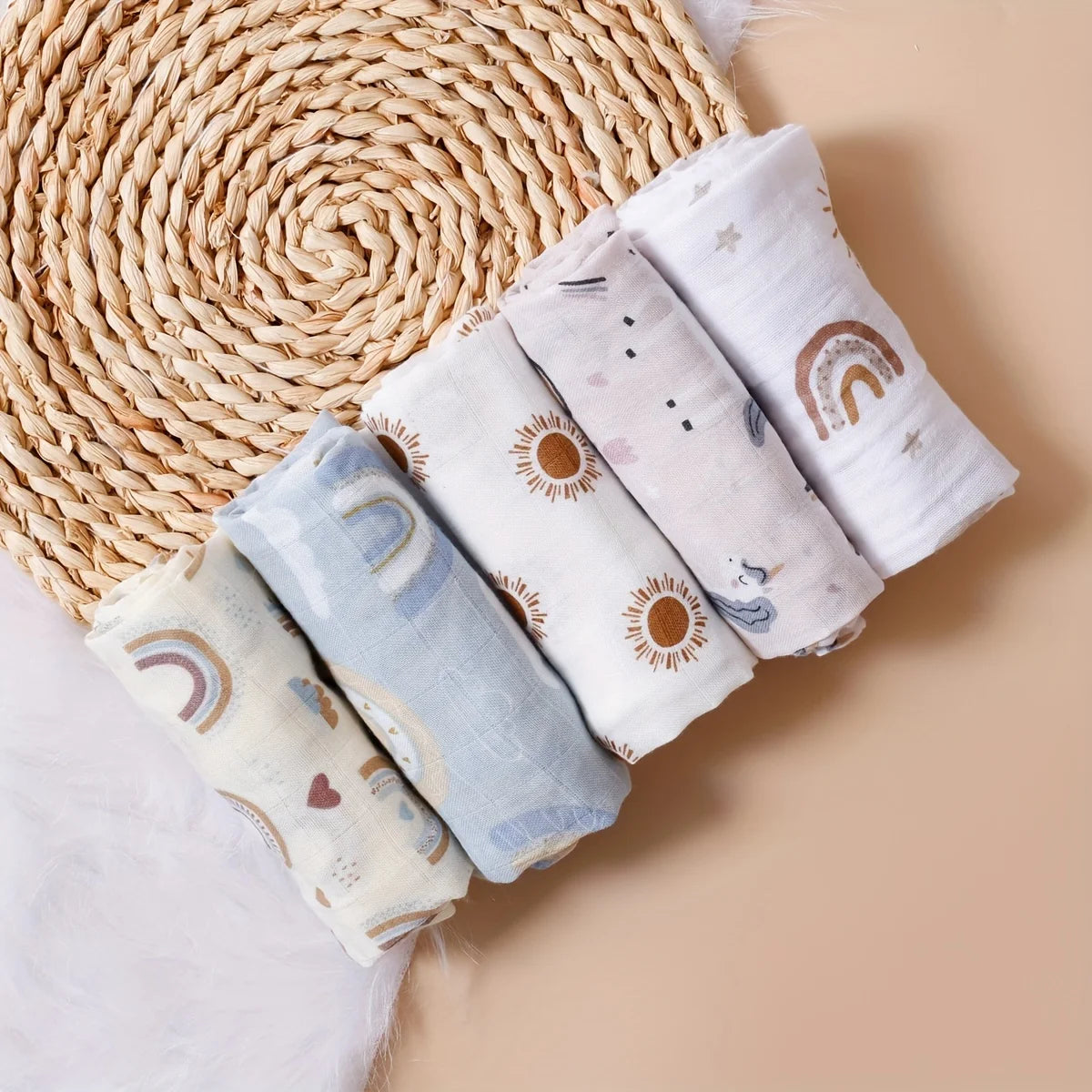 Happyflute 60x60CM Muslin Square Towels Set for Baby-5PCS Soft Bamboo Cotton Gauze Wipes for Face And Bath Newborn Bibs Included