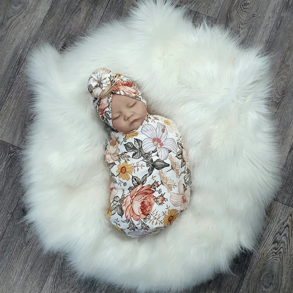 3 Piece Set Floral Newborn Wrap for Photo Shooting Swaddle Wrap with Hat And Bow Headband Infant Photography Props
