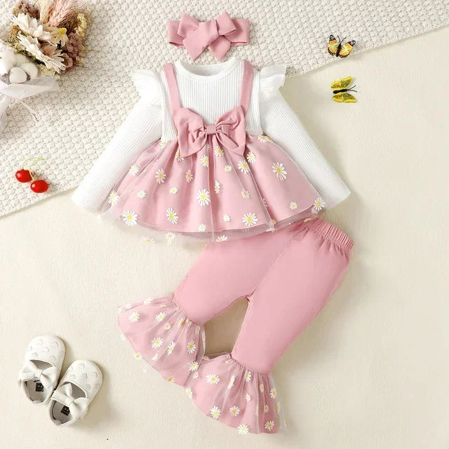 Newborn Baby Girls Clothes Set Pink Toddler Ruffle Tops Heart Print Bow Trousers Princess Casual Infant Outfits Clothes Suit