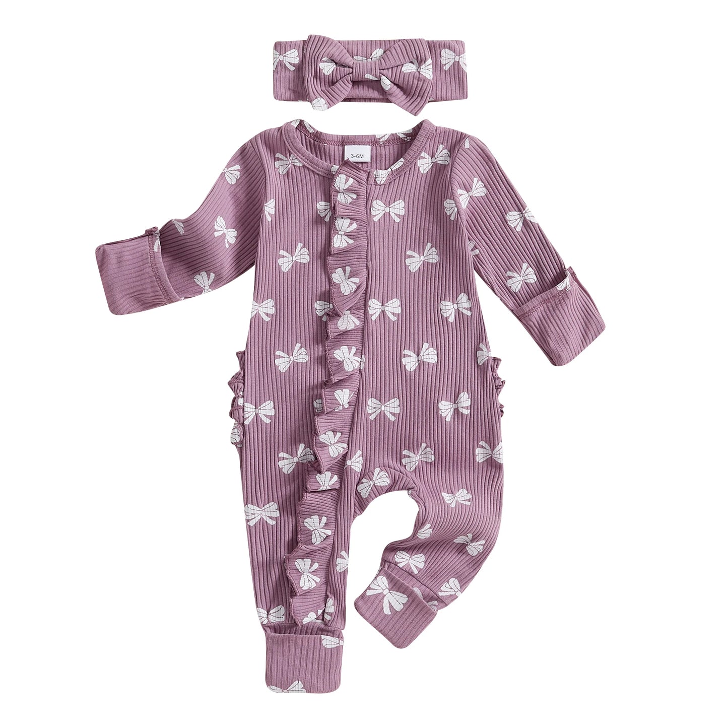 FOCUSNORM Newborn Baby Girls Boys Fall Footies Romper Sets Ruffle Long Sleeve Bow/Flowers Print Jumpsuit with Headband