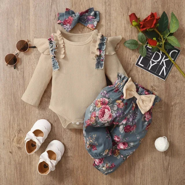 Newborn Baby Girls Clothes Set Pink Toddler Ruffle Tops Heart Print Bow Trousers Princess Casual Infant Outfits Clothes Suit