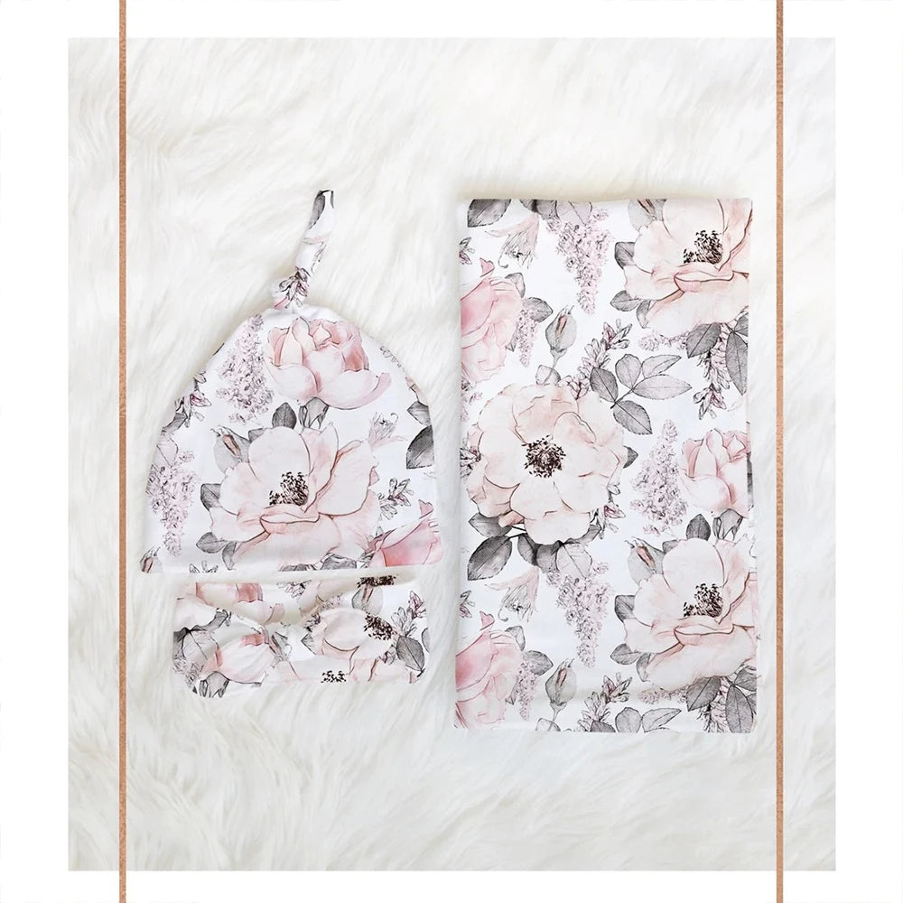 3 Piece Set Floral Newborn Wrap for Photo Shooting Swaddle Wrap with Hat And Bow Headband Infant Photography Props