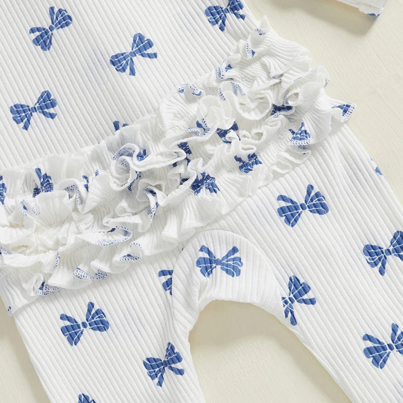 FOCUSNORM Newborn Baby Girls Boys Fall Footies Romper Sets Ruffle Long Sleeve Bow/Flowers Print Jumpsuit with Headband