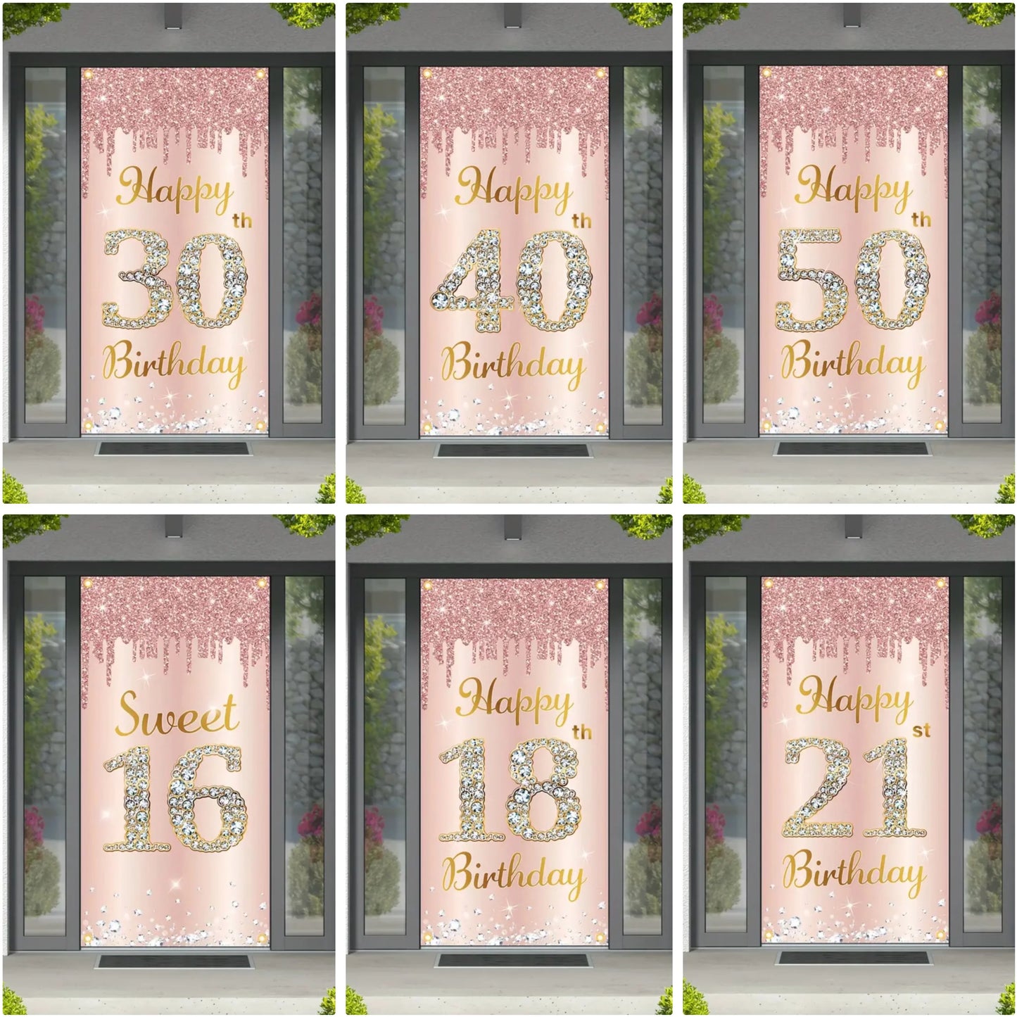 Happy Birthday Theme Party Decor Door Cover 18th 21th 30th 40th 50th 60th 80th Pink Rose Sweet 16th Party Decorative Backdrops