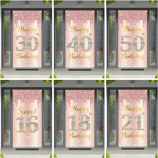 Happy Birthday Theme Party Decor Door Cover 18th 21th 30th 40th 50th 60th 80th Pink Rose Sweet 16th Party Decorative Backdrops