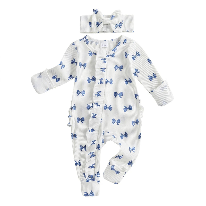 FOCUSNORM Newborn Baby Girls Boys Fall Footies Romper Sets Ruffle Long Sleeve Bow/Flowers Print Jumpsuit with Headband