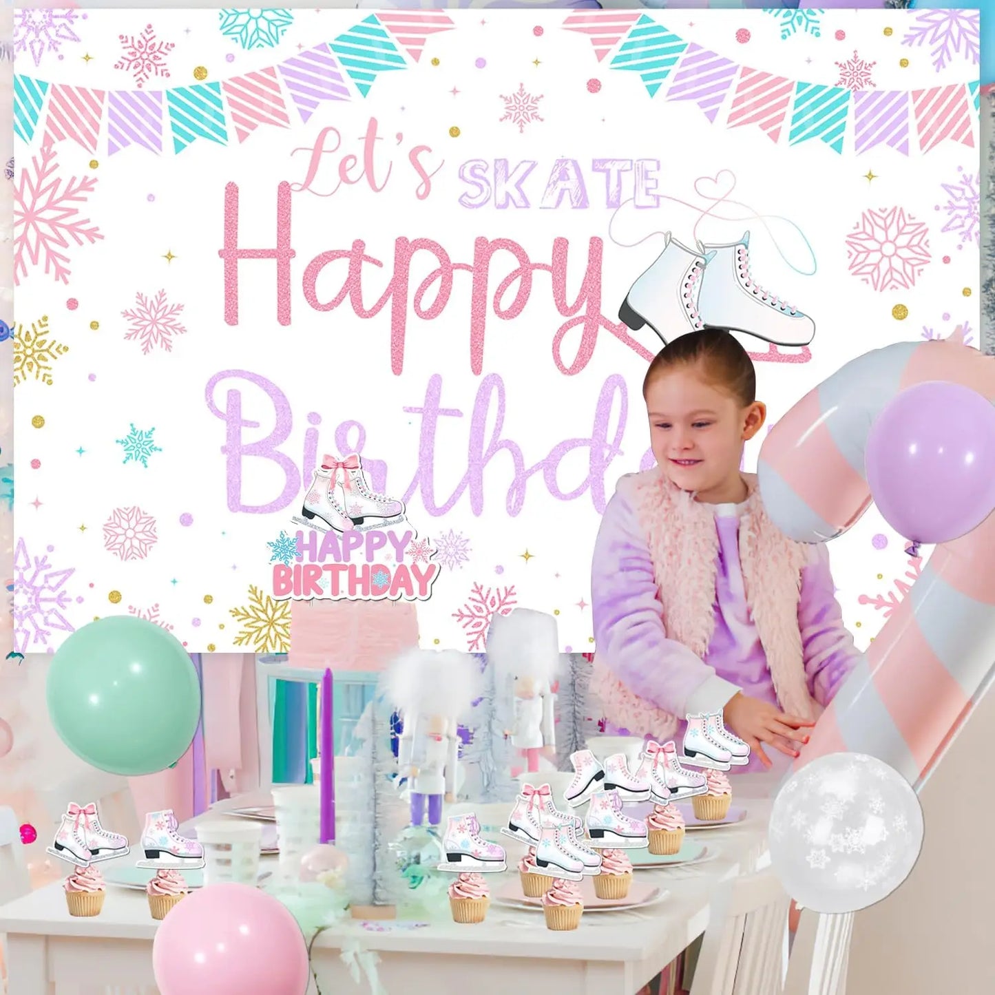 Ice Skating Birthday Party Decor Roller Skate Let’s Skate Happy Birthday Backdrop,Skating Ice Sports Birthday Party Supplies