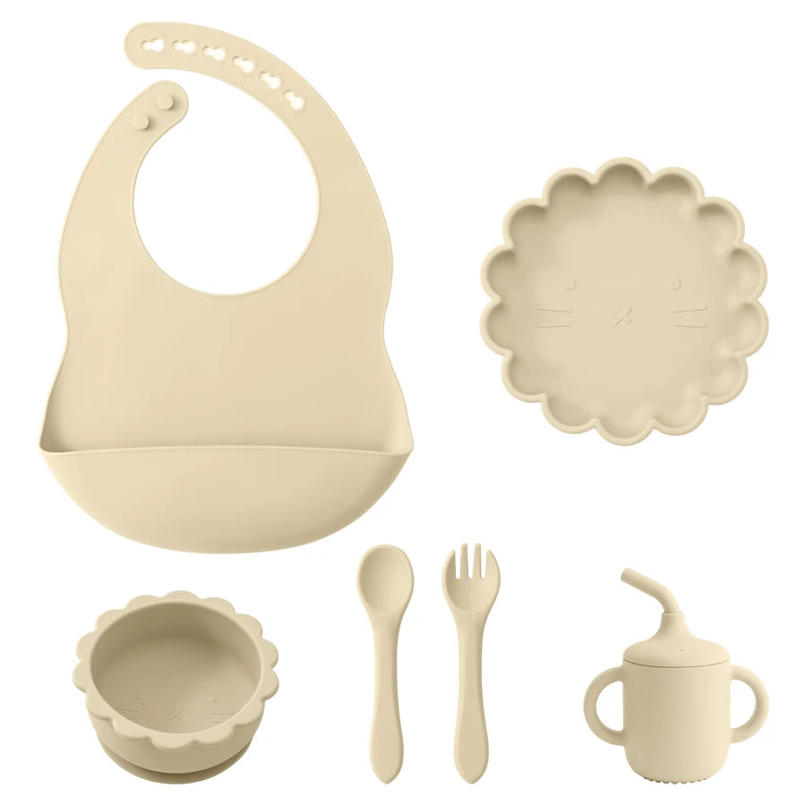 Color Kids Baby Feeding Set Solid Color Utensils Waterproof Bib Cartoon Lion Shape Sucker Dishes Plate Feeding Bowl Spoon Cup