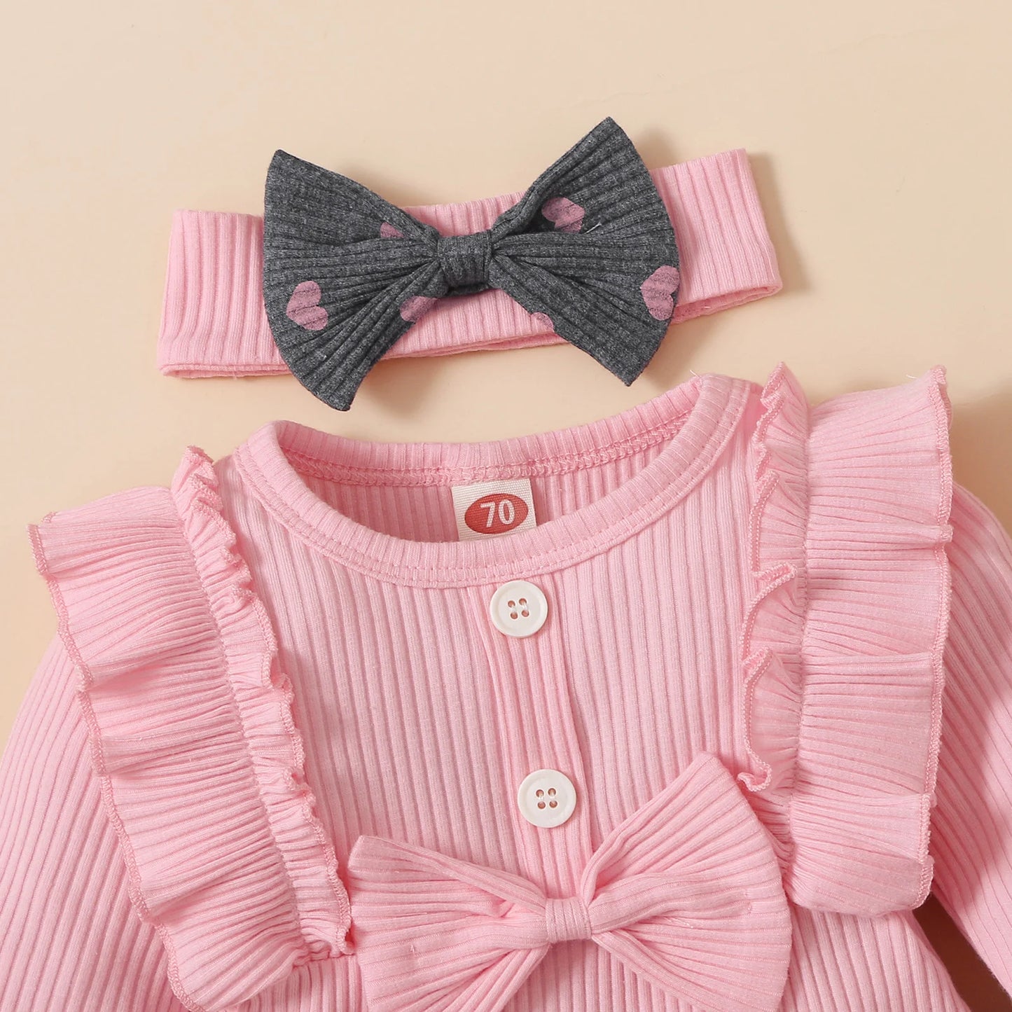 Newborn Baby Girls Clothes Set Pink Toddler Ruffle Tops Heart Print Bow Trousers Princess Casual Infant Outfits Clothes Suit