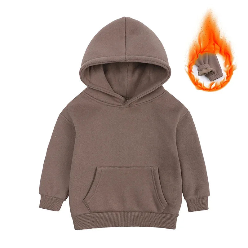 2025 Winter Kids Boys Girls Clothes Children Hoodies Soild Cotton Thicken Fleece Sweatshirts Toddler Sport Pullover Top