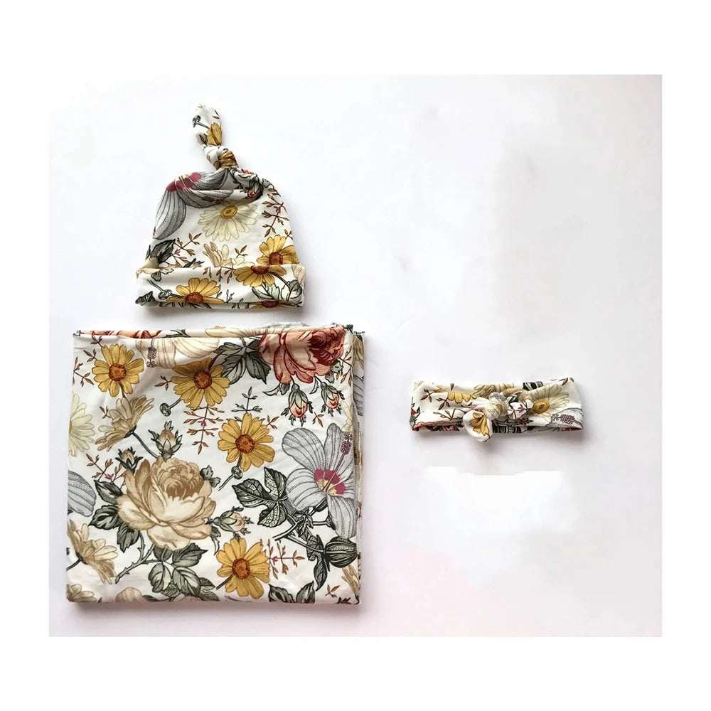 3 Piece Set Floral Newborn Wrap for Photo Shooting Swaddle Wrap with Hat And Bow Headband Infant Photography Props