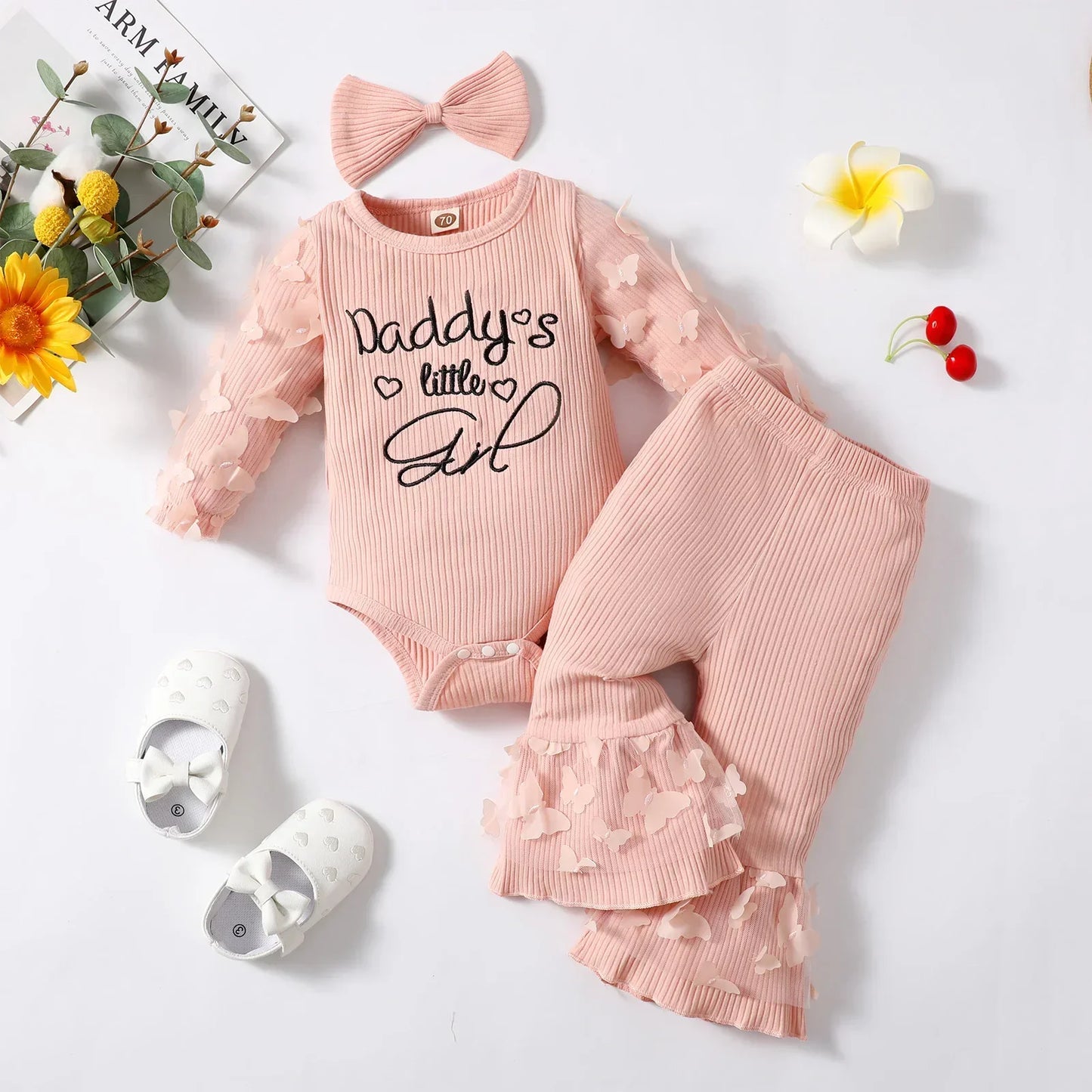 Newborn Baby Girls Clothes Set Pink Toddler Ruffle Tops Heart Print Bow Trousers Princess Casual Infant Outfits Clothes Suit