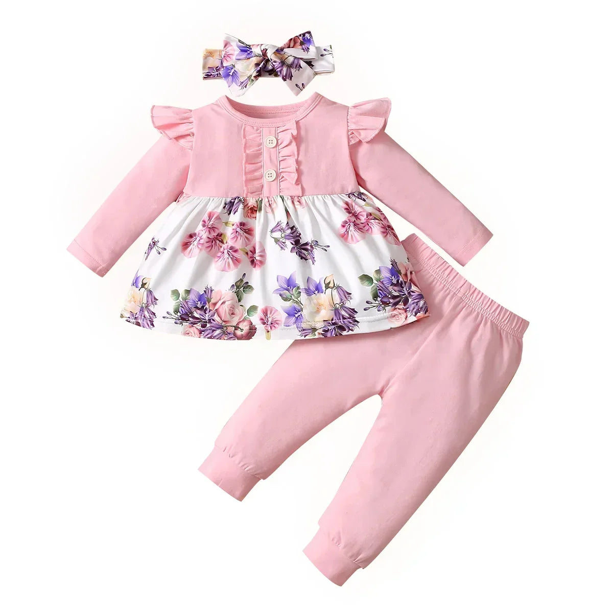 Newborn Baby Girls Clothes Set Pink Toddler Ruffle Tops Heart Print Bow Trousers Princess Casual Infant Outfits Clothes Suit