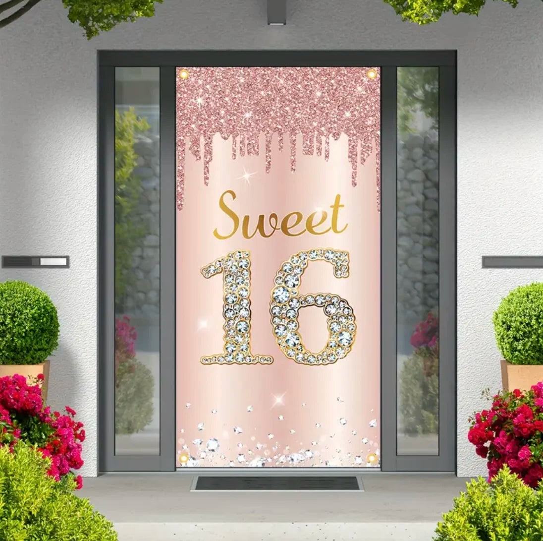 Happy Birthday Theme Party Decor Door Cover 18th 21th 30th 40th 50th 60th 80th Pink Rose Sweet 16th Party Decorative Backdrops