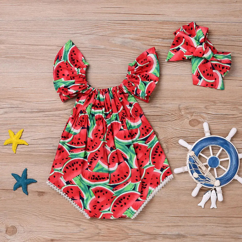 Cute Newborn Baby Girl Clothes Sets Sleeveless Watermelon Print Romper Headband 2pcs Outfit Toddler Summer Clothing for 0-24M