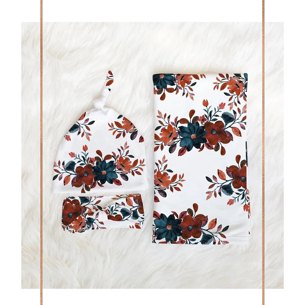 3 Piece Set Floral Newborn Wrap for Photo Shooting Swaddle Wrap with Hat And Bow Headband Infant Photography Props