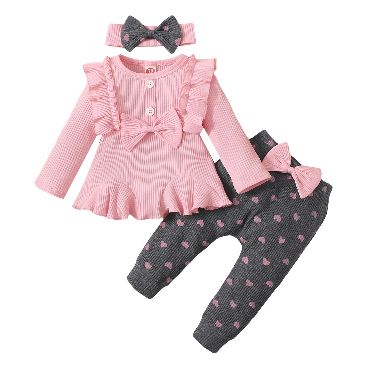 Newborn Baby Girls Clothes Set Pink Toddler Ruffle Tops Heart Print Bow Trousers Princess Casual Infant Outfits Clothes Suit