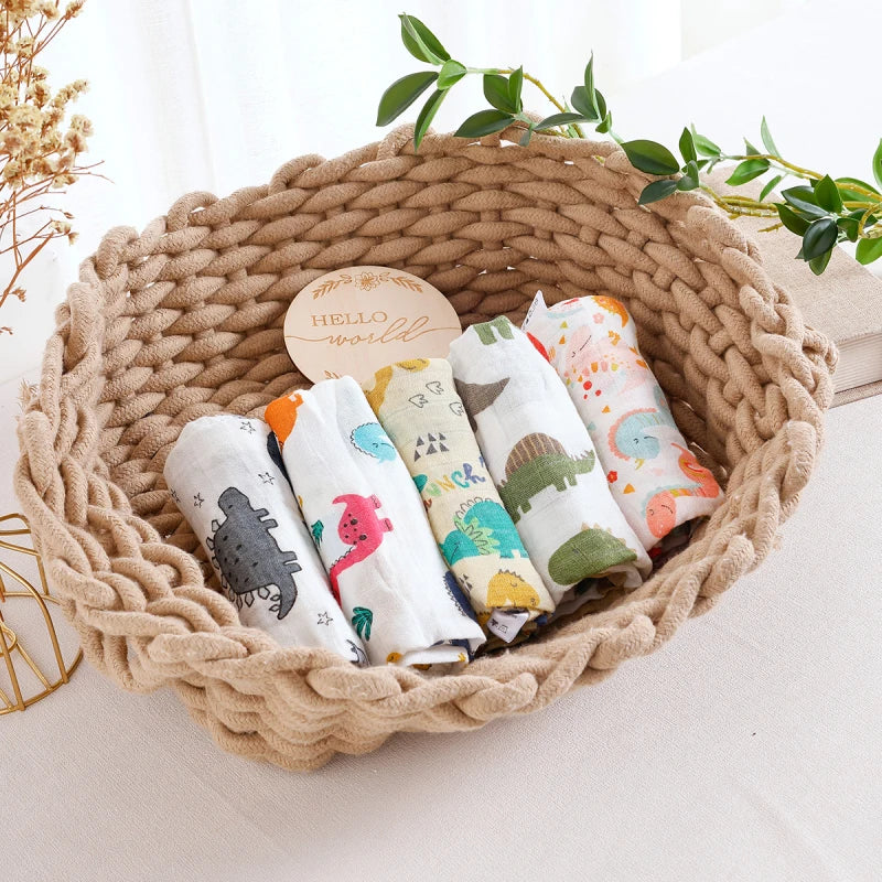Happyflute 60x60CM Muslin Square Towels Set for Baby-5PCS Soft Bamboo Cotton Gauze Wipes for Face And Bath Newborn Bibs Included