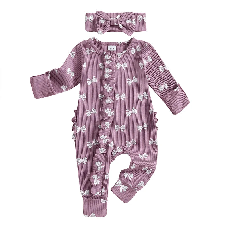 FOCUSNORM Newborn Baby Girls Boys Fall Footies Romper Sets Ruffle Long Sleeve Bow/Flowers Print Jumpsuit with Headband