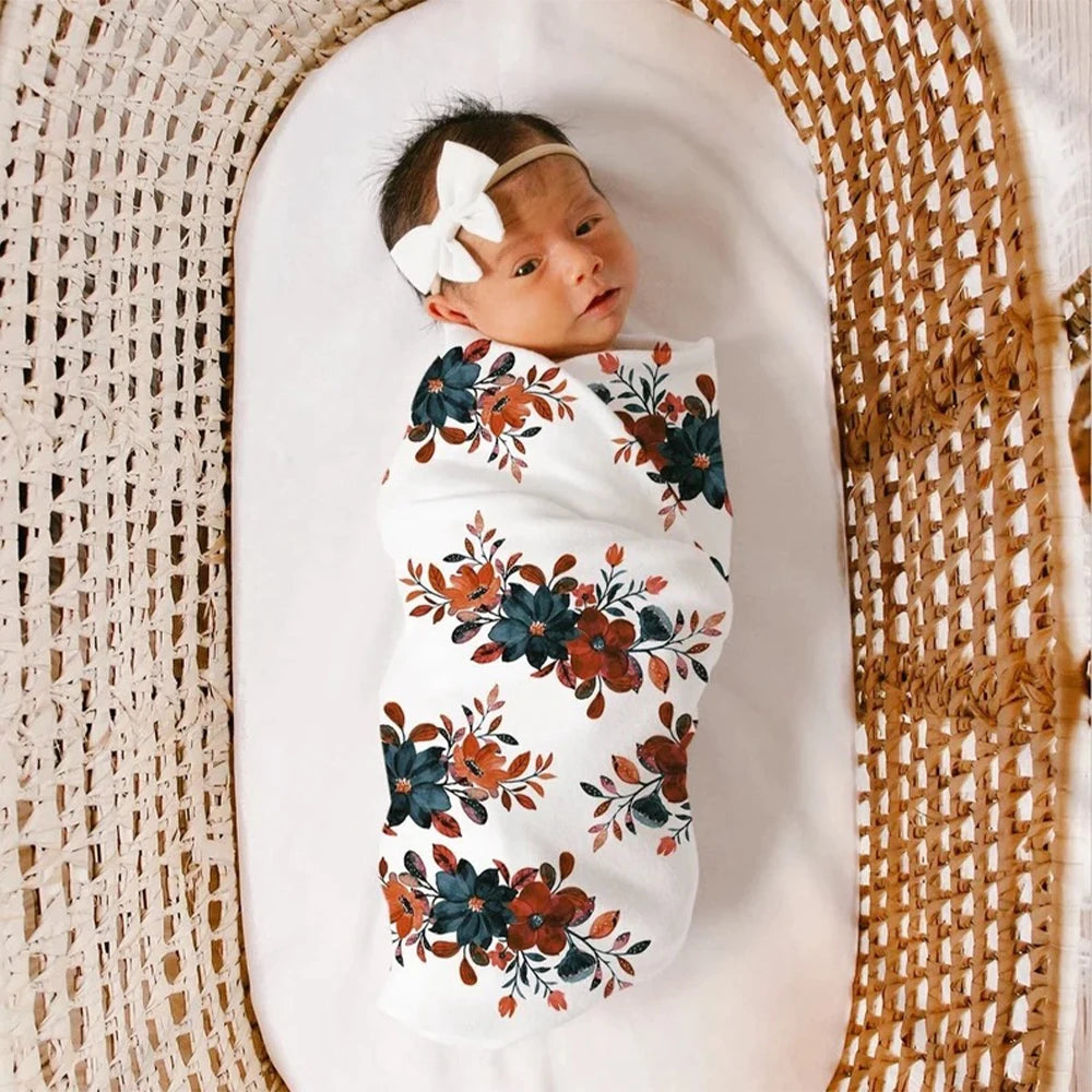 3 Piece Set Floral Newborn Wrap for Photo Shooting Swaddle Wrap with Hat And Bow Headband Infant Photography Props