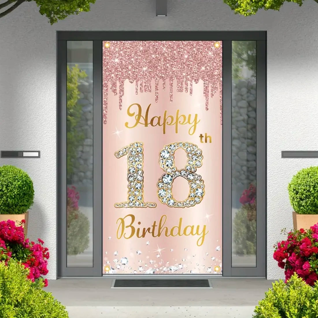 Happy Birthday Theme Party Decor Door Cover 18th 21th 30th 40th 50th 60th 80th Pink Rose Sweet 16th Party Decorative Backdrops