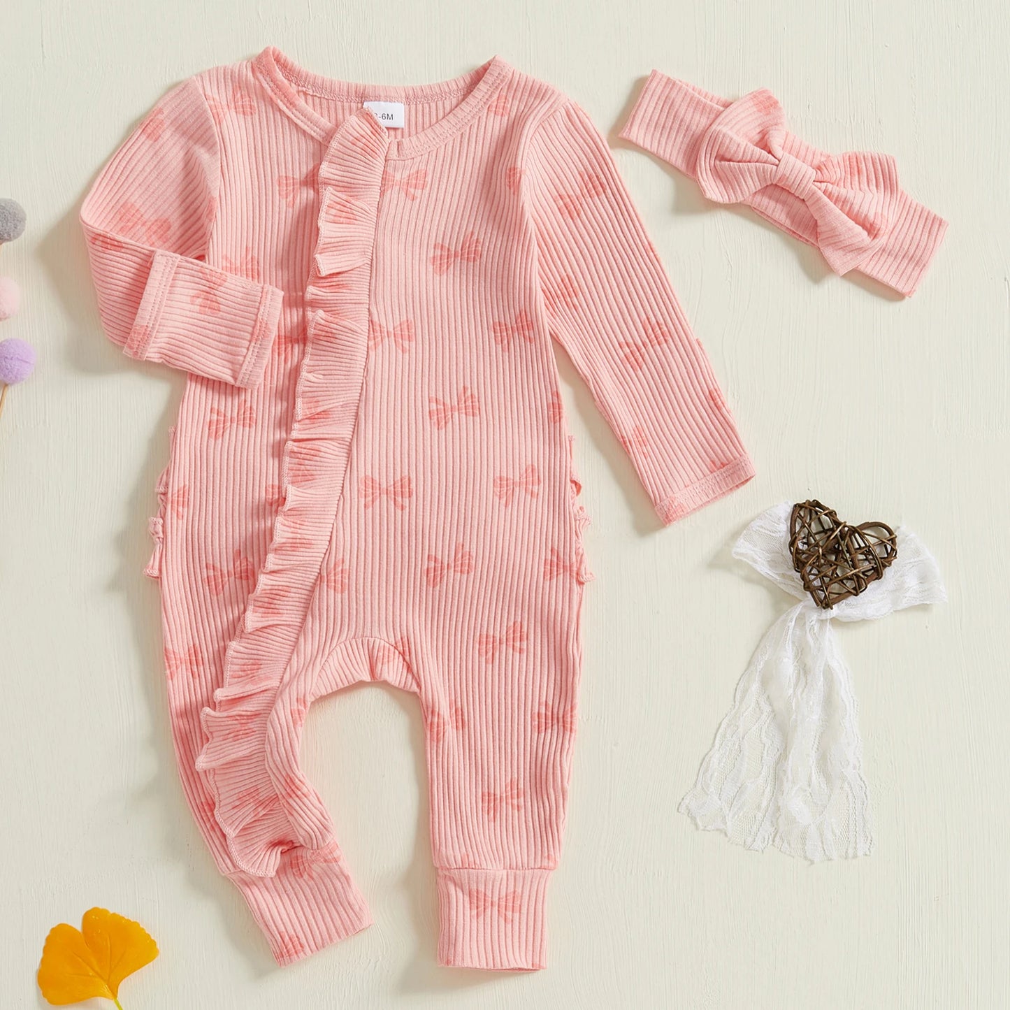 FOCUSNORM Newborn Baby Girls Boys Fall Footies Romper Sets Ruffle Long Sleeve Bow/Flowers Print Jumpsuit with Headband