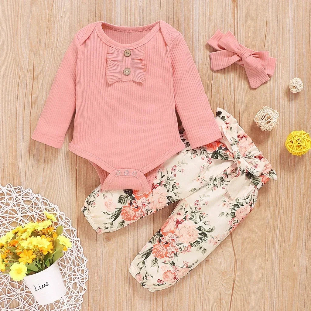 Newborn Baby Girls Clothes Set Pink Toddler Ruffle Tops Heart Print Bow Trousers Princess Casual Infant Outfits Clothes Suit