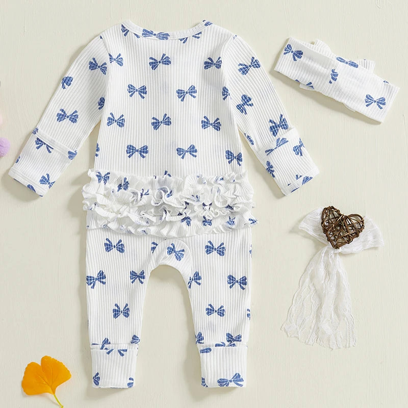 FOCUSNORM Newborn Baby Girls Boys Fall Footies Romper Sets Ruffle Long Sleeve Bow/Flowers Print Jumpsuit with Headband