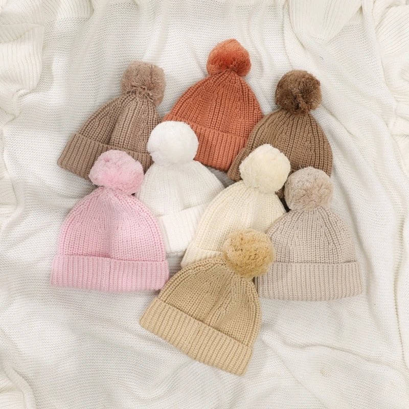 Knitted Winter Warm Hat Baby Hat Cotton Elastic Crochet Hat with Pompoms Bonnet Caps for Newborn Toddler 0-6 Month