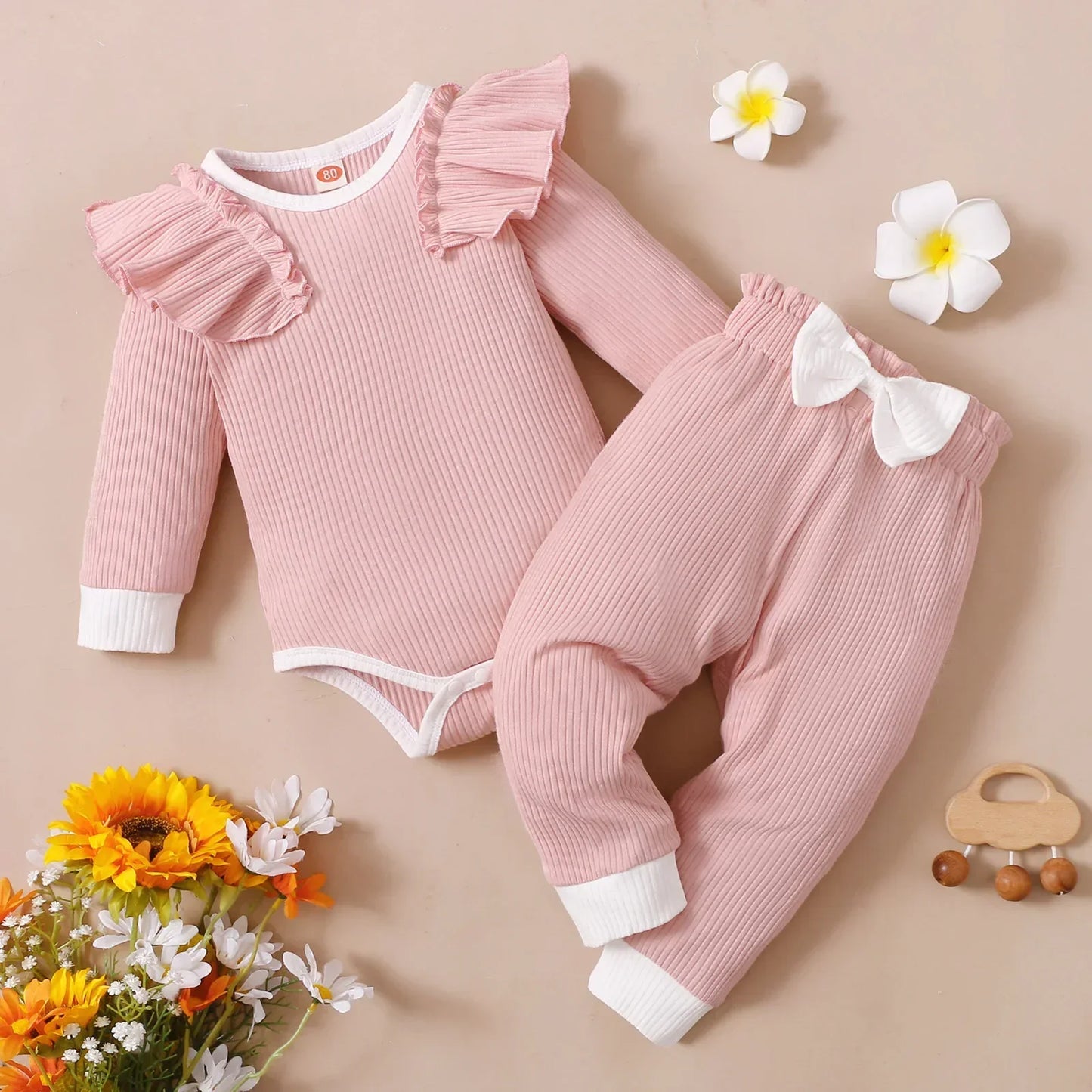 Newborn Baby Girls Clothes Set Pink Toddler Ruffle Tops Heart Print Bow Trousers Princess Casual Infant Outfits Clothes Suit