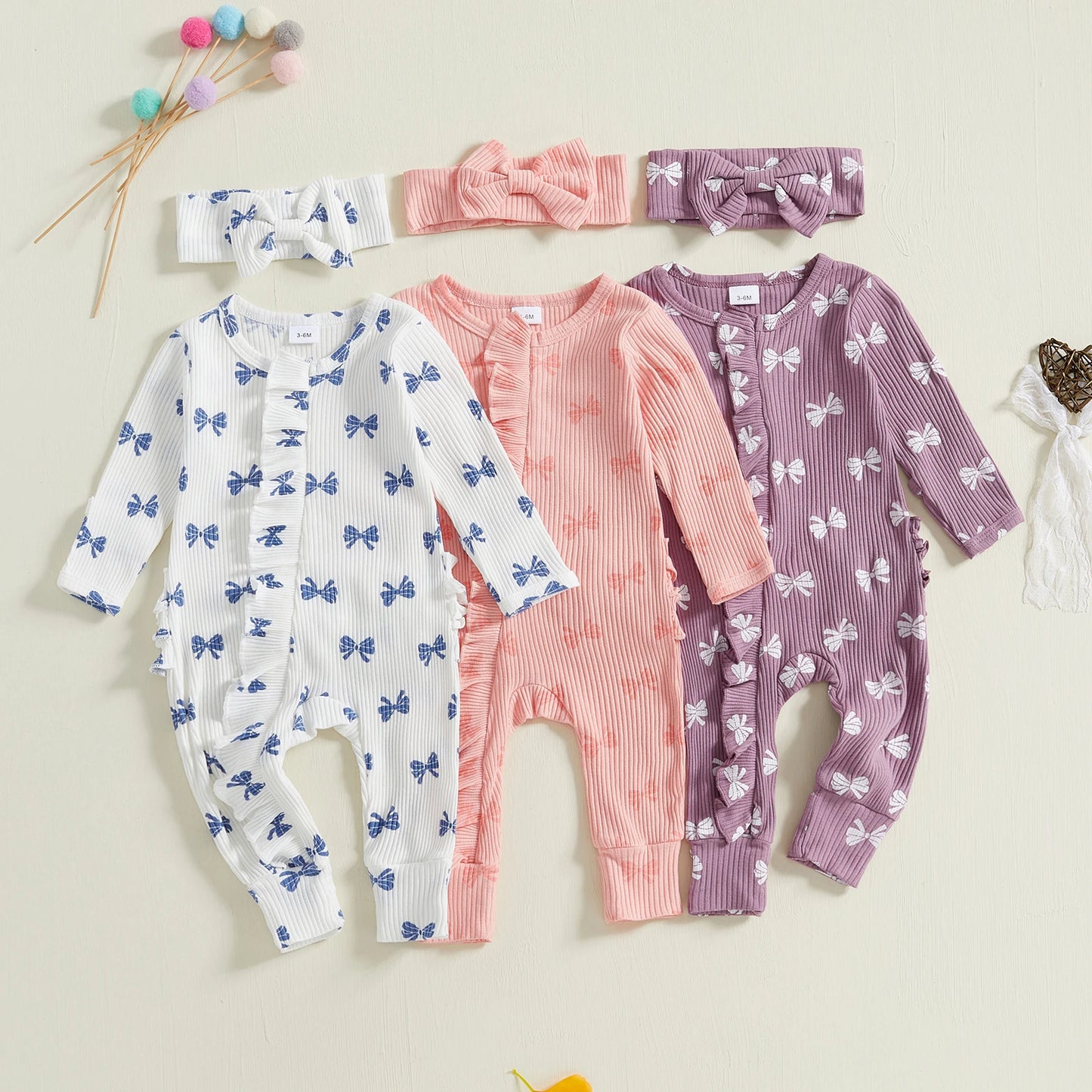 FOCUSNORM Newborn Baby Girls Boys Fall Footies Romper Sets Ruffle Long Sleeve Bow/Flowers Print Jumpsuit with Headband