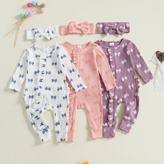 FOCUSNORM Newborn Baby Girls Boys Fall Footies Romper Sets Ruffle Long Sleeve Bow/Flowers Print Jumpsuit with Headband