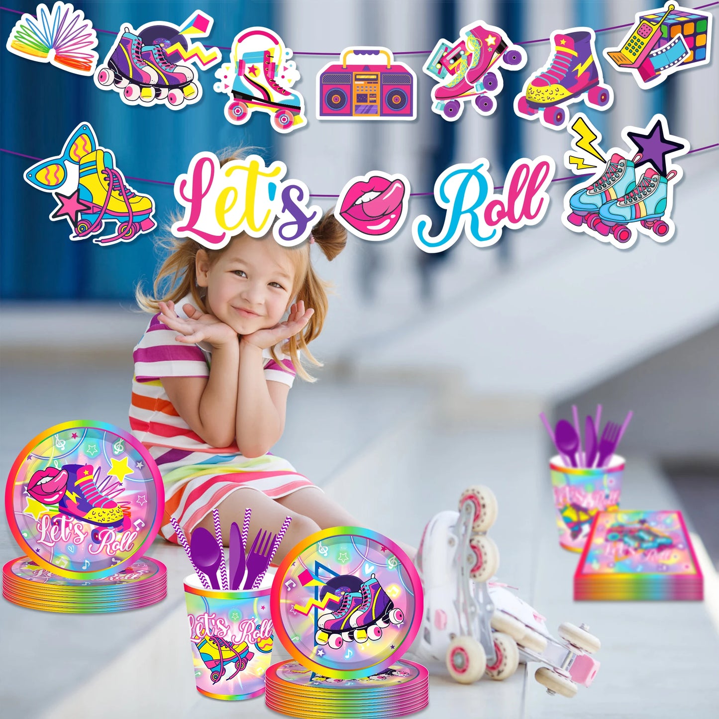 Cartoon Roller Skating Party Disposable Tableware Set Kids Ice Skates Sports Game Birthday Camping Tablecloth Baby Shower Decor