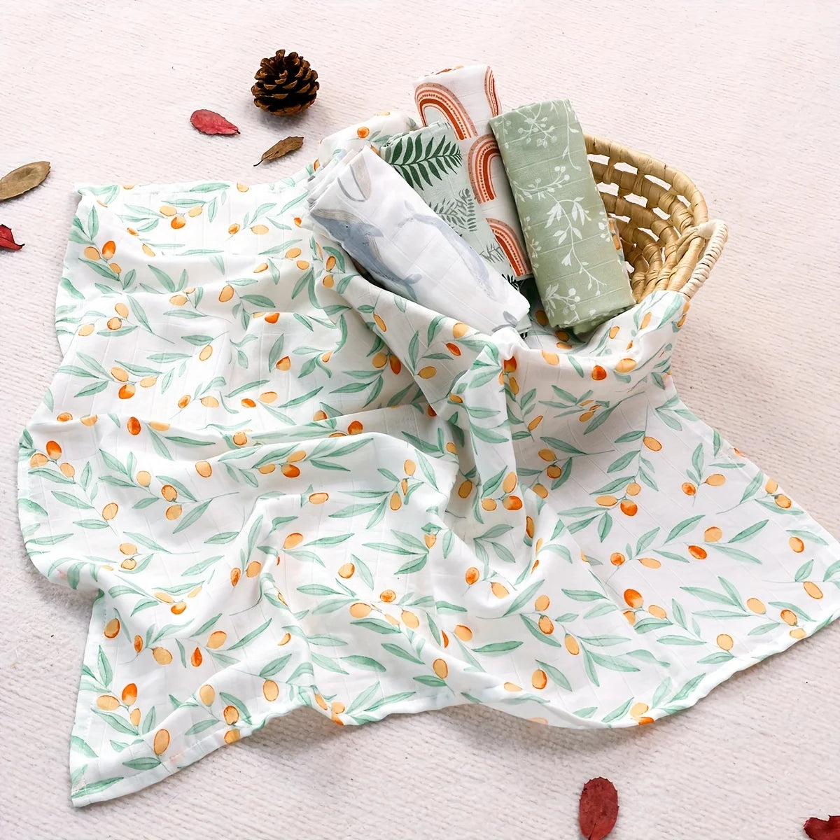 Happyflute 60x60CM Muslin Square Towels Set for Baby-5PCS Soft Bamboo Cotton Gauze Wipes for Face And Bath Newborn Bibs Included