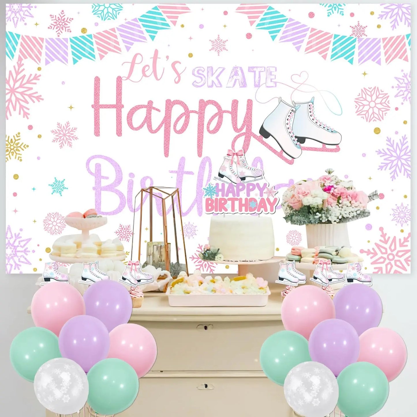 Ice Skating Birthday Party Decor Roller Skate Let’s Skate Happy Birthday Backdrop,Skating Ice Sports Birthday Party Supplies