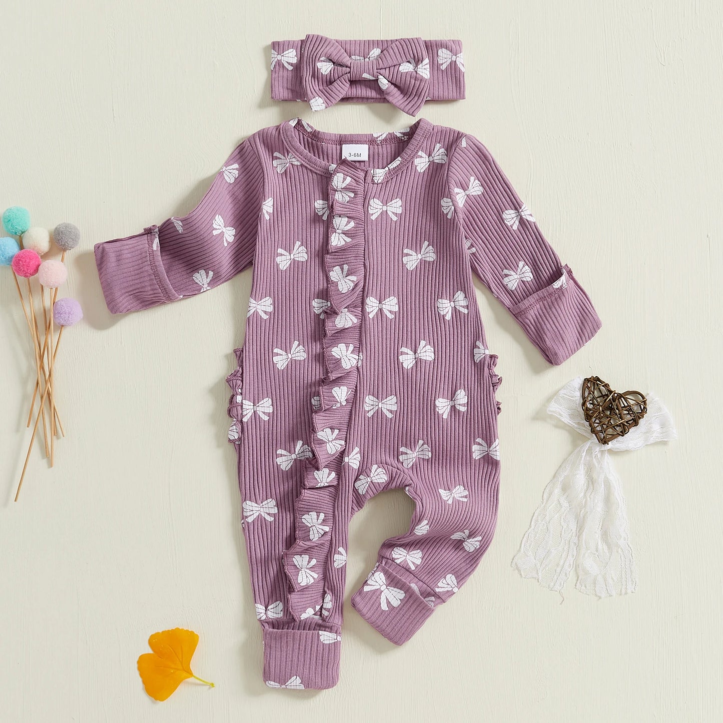 FOCUSNORM Newborn Baby Girls Boys Fall Footies Romper Sets Ruffle Long Sleeve Bow/Flowers Print Jumpsuit with Headband