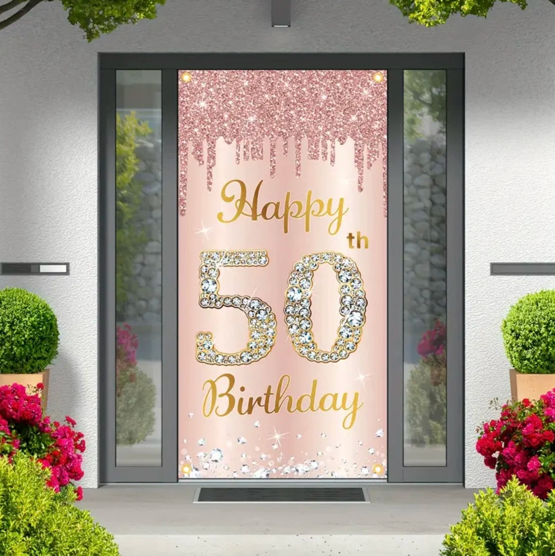 Happy Birthday Theme Party Decor Door Cover 18th 21th 30th 40th 50th 60th 80th Pink Rose Sweet 16th Party Decorative Backdrops
