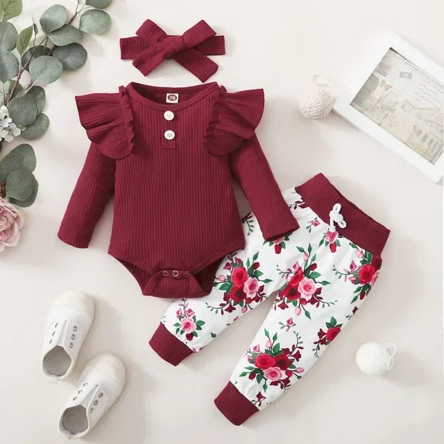Newborn Baby Girls Clothes Set Pink Toddler Ruffle Tops Heart Print Bow Trousers Princess Casual Infant Outfits Clothes Suit