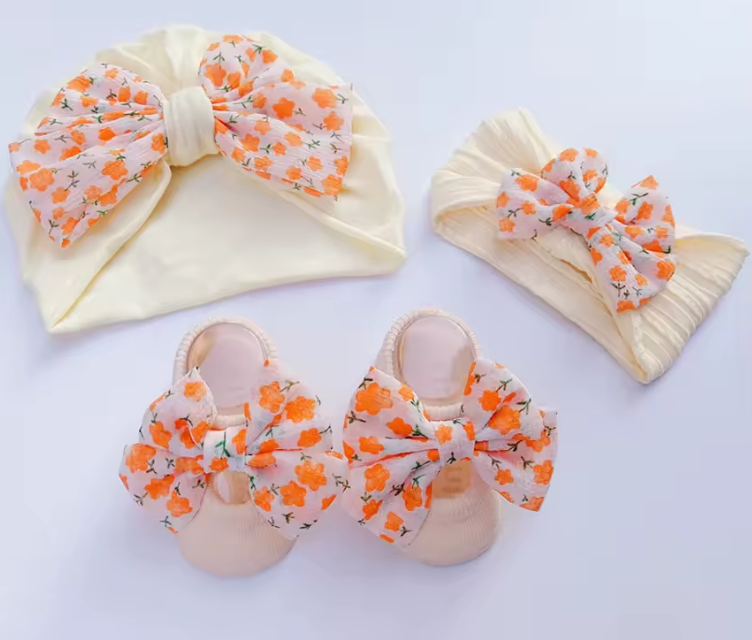 Newborn Baby Socks and Headband Set Cute 3d Bow Baby Hat Socks Set