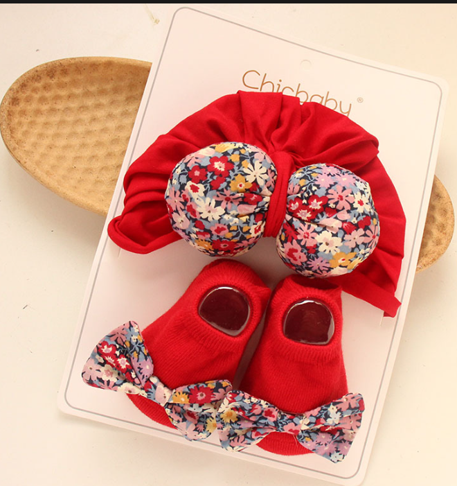 Spring Summer Girls Newborn Baby Non Slip Socks Set 3d Bow Baby Hat  Good Quality Cotton Baby Hat Socks Set