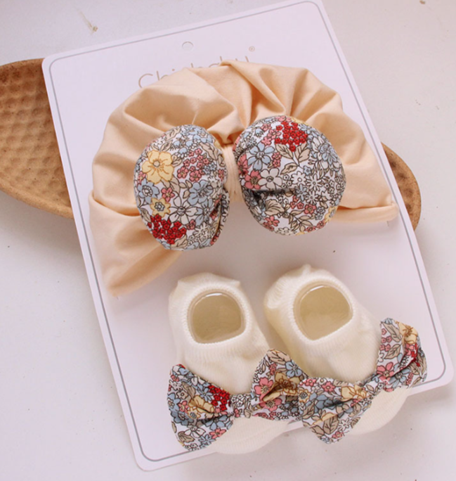 Spring Summer Girls Newborn Baby Non Slip Socks Set 3d Bow Baby Hat  Good Quality Cotton Baby Hat Socks Set