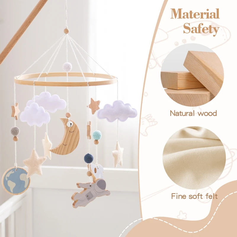 Crib Mobile Holder Rattles Toys Wooden Moon Stars Astronaut Bed Bell Toys Newborn Comfort Crib Bracket Bed Bell Toys Baby Gifts