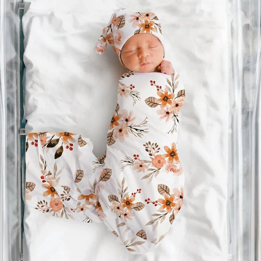 3 Piece Set Floral Newborn Wrap for Photo Shooting Swaddle Wrap with Hat And Bow Headband Infant Photography Props