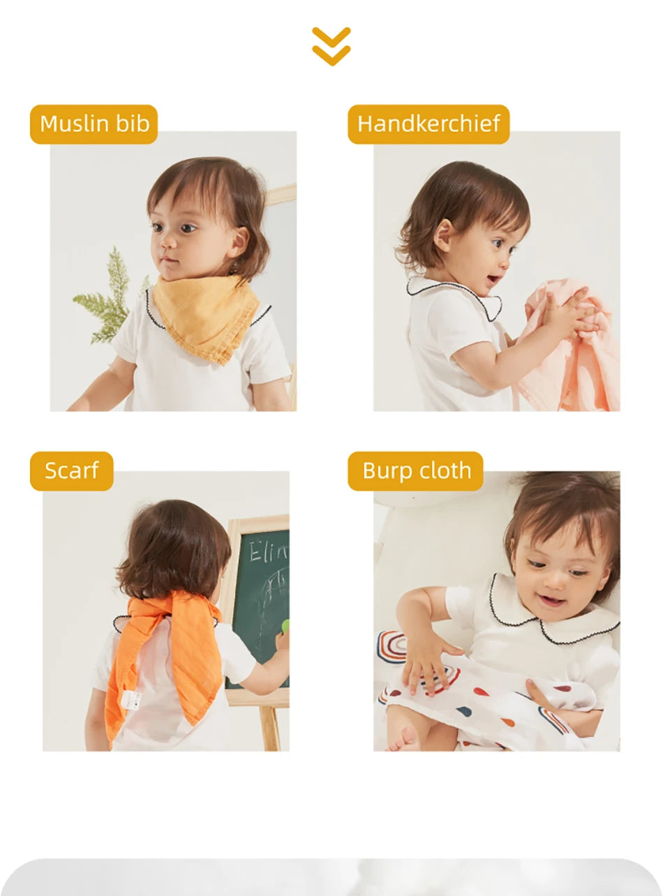 Happyflute 60x60CM Muslin Square Towels Set for Baby-5PCS Soft Bamboo Cotton Gauze Wipes for Face And Bath Newborn Bibs Included